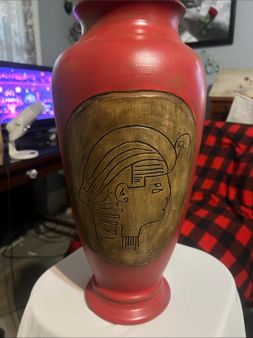 Vintage matte red Egyptian pharaoh inscribed vase